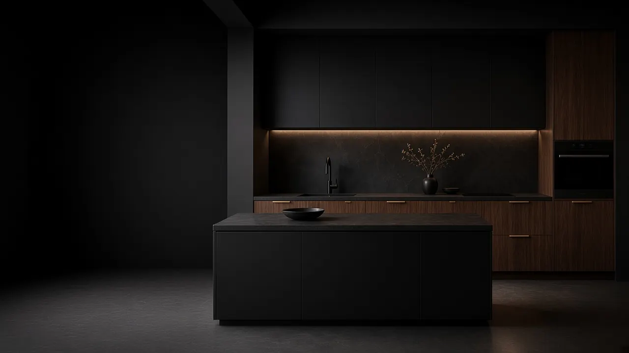 Dark modular kitchen with walnut cabinets, warm under-cabinet lighting and a matte black island