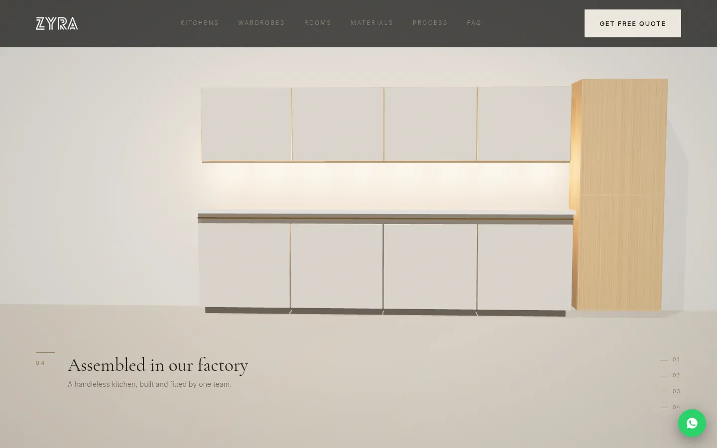 A handleless modular kitchen made by Zyra