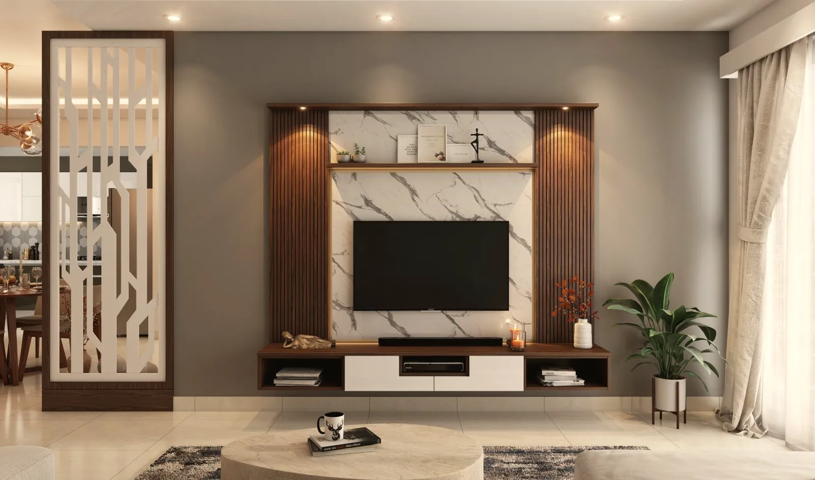 TV unit with marble and walnut panelling