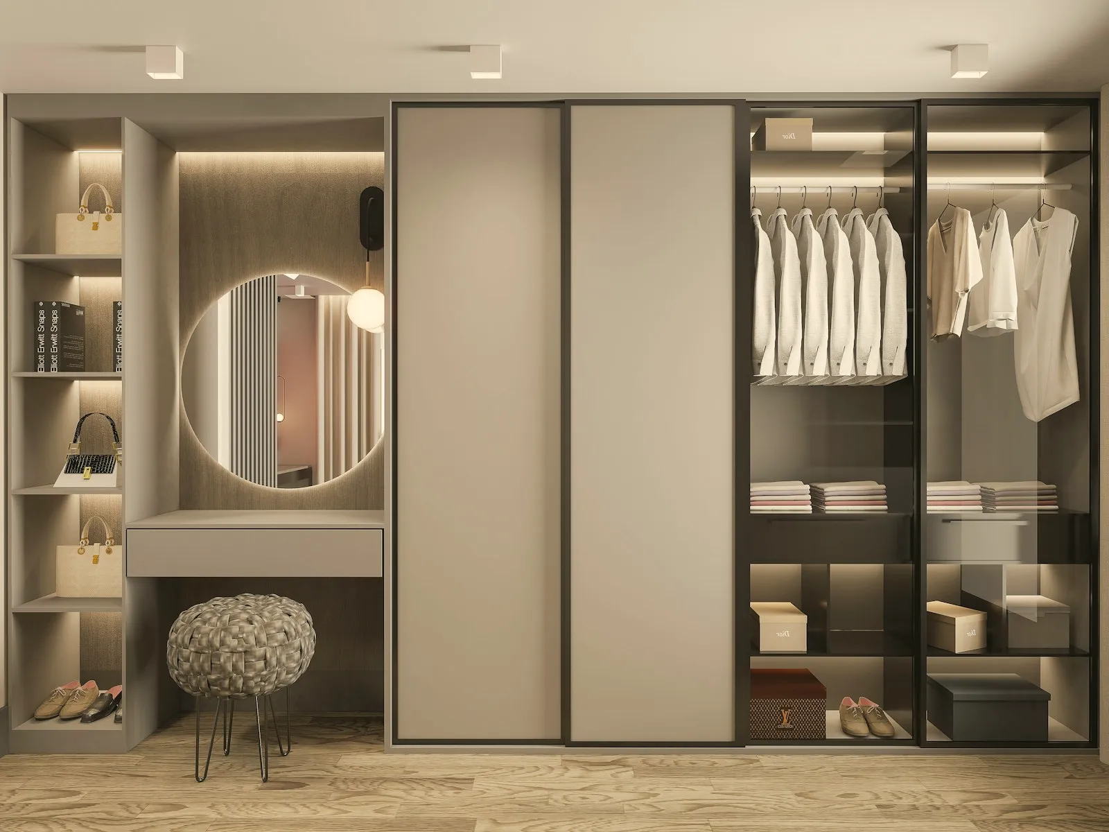 Sliding wardrobe with open display sections